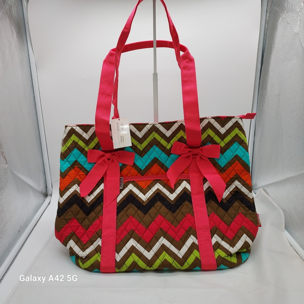 N.Gil Quilted Chevron Tote Bag Multi-Color Pink Bows MGR550 NWT